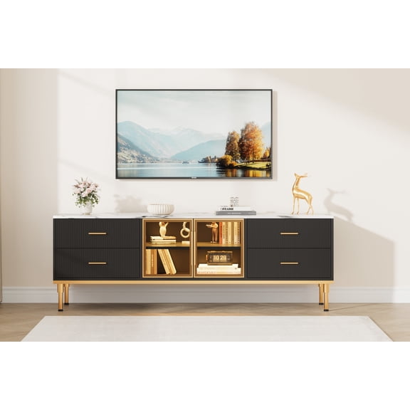 GAOMON Modern Fluted TV Stand, 65 Inch TV Stand with LED Lights, Modern Entertainment Center with 4 Drawers & Shelves & Glass Doors, TV Media Console for 55/65/75 Inch TV, TV Stands for Living Room