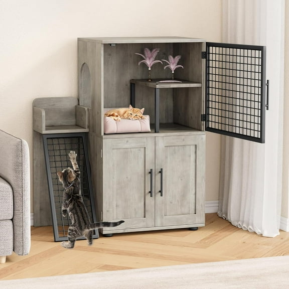 GAOMON Modern Grey Cat Villa with Ladder, Multi-Functional Litter Box Enclosure, Spacious Cat Playground, MDF & Iron, Ventilated Cat House for Living Room & Bedroom, Grey