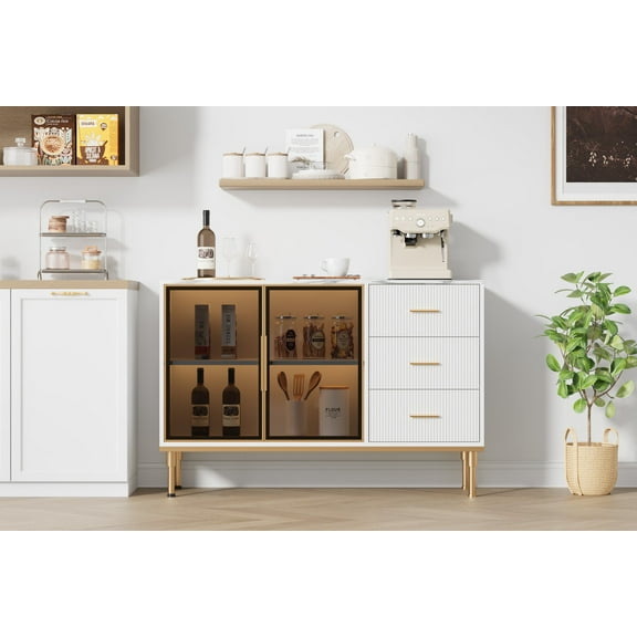 GAOMON Modern Wood Sideboard Buffet Cabinet,Fluted Sideboards Buffets Cabinet with Glass Doors, 3 Drawers, Marble Top Kitchen Sideboard Cabinet for Dining Room, Living Room, White