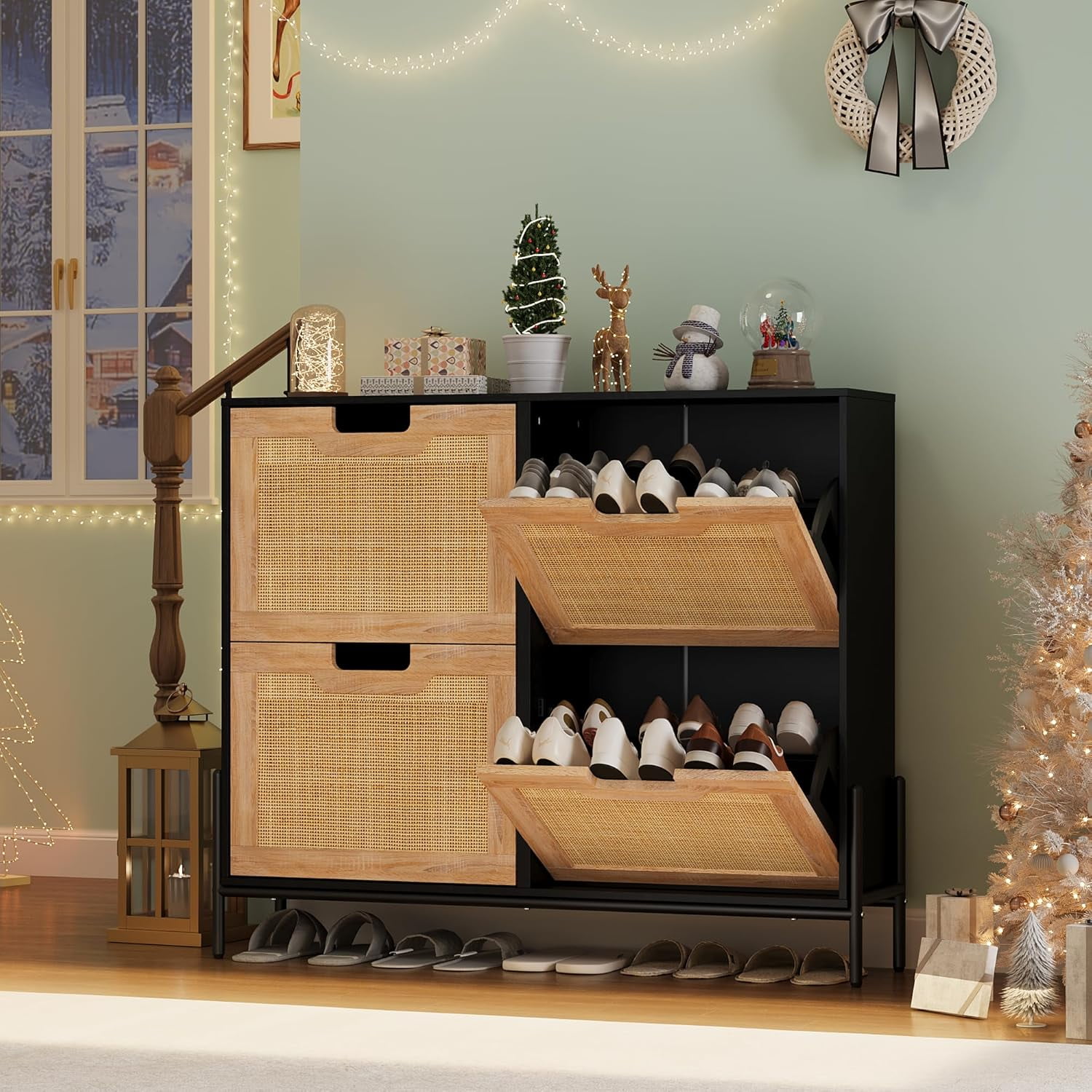 Black and Natural Rattan Freestanding Shoe Cabinet with Adjustable Shelves