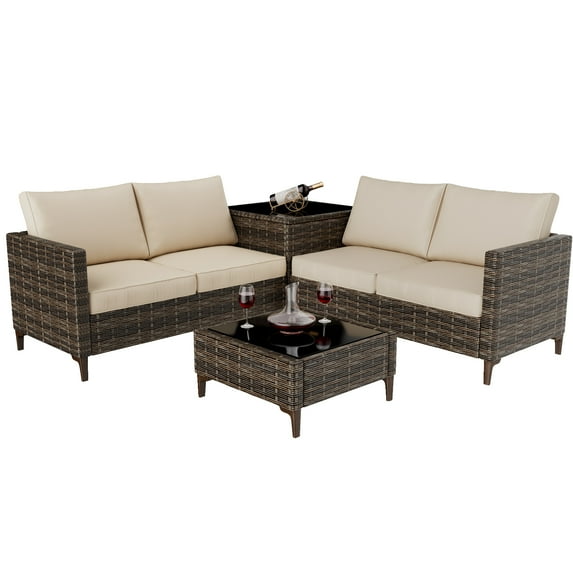 GAOMON Outdoor PE Wicker Furniture Set 4 Piece, Patio Rattan Sectional Patio Couch Set, Conversation Sofa with Storage Box, Glass Top Table & Non-Slip Beige Cushion