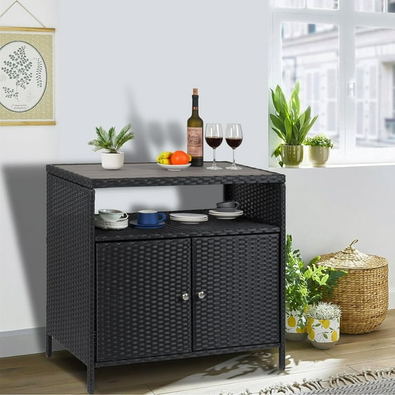 GAOMON Outdoor Wicker Storage Cabinet with Shelf, Patio Bar Table with 2 Doors, All-Weather Resin Wicker & Powder-Coated Steel