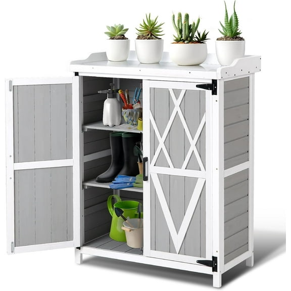 GAOMON Potting Bench Outdoor Cabinet with Metal Tabletop, Wooden Storage Cabinets Weatherproof for Outside, Planting Work Benches with Adjustable Shelf, Doors for Garden Patio Lawn,Gray