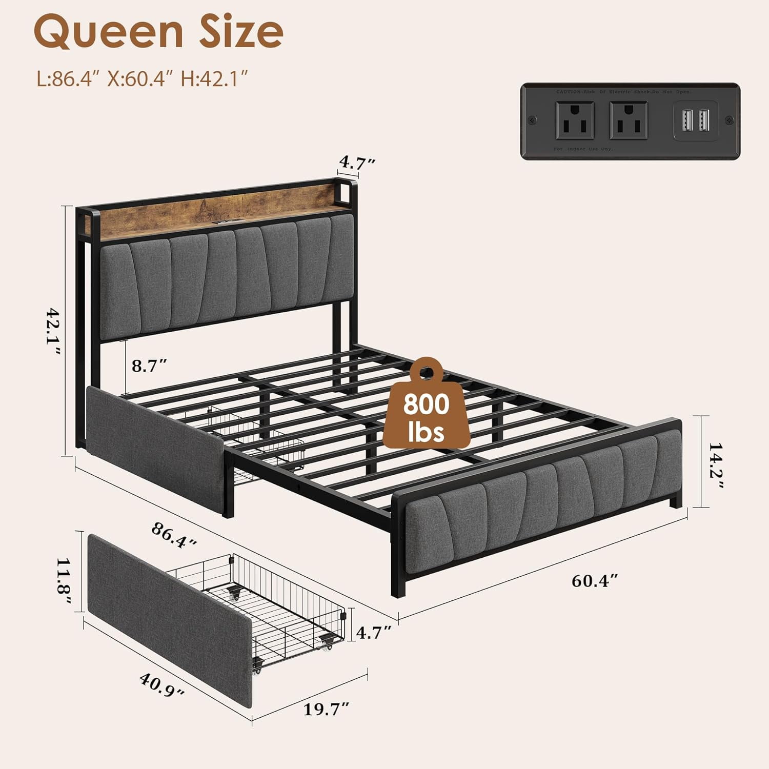 GAOMON Queen Size Bed Frame with Storage Headboard, 2 Drawers, Charging ...