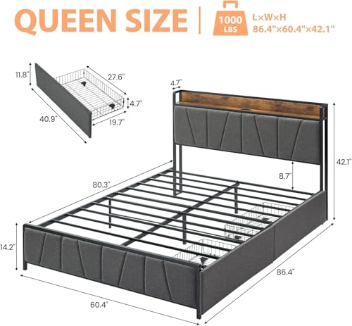 GAOMON Queen Size Bed Frame with Storage Headboard and 2 Drawers, Linen ...