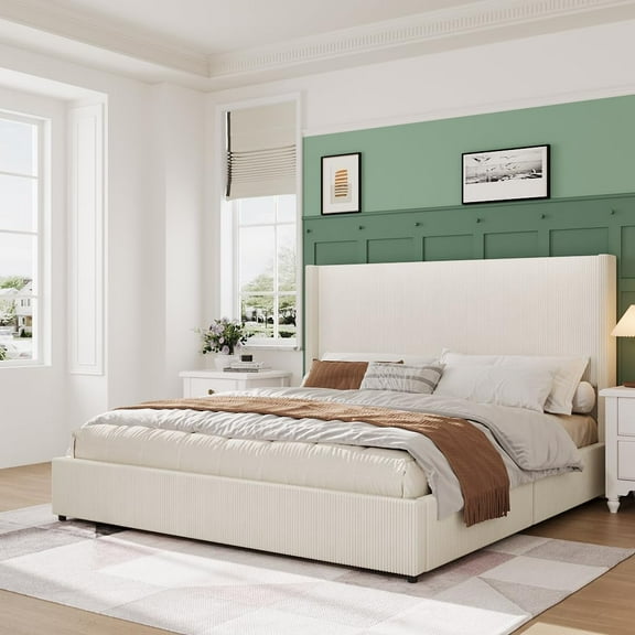 GAOMON Queen Size Upholstered Platform Bed Frame with Storage Drawers, Corduroy Wingback, Tufted Headboard & Footboard, No Box Spring Needed, Beige