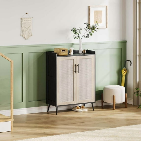 GAOMON Rattan Five-layer Cabinet, 41-inch Modern Wooden Cabinet , Adjustment Shelves, Solid Wood Legs, Bedroom, Living Room And Hallway, Black & Oak