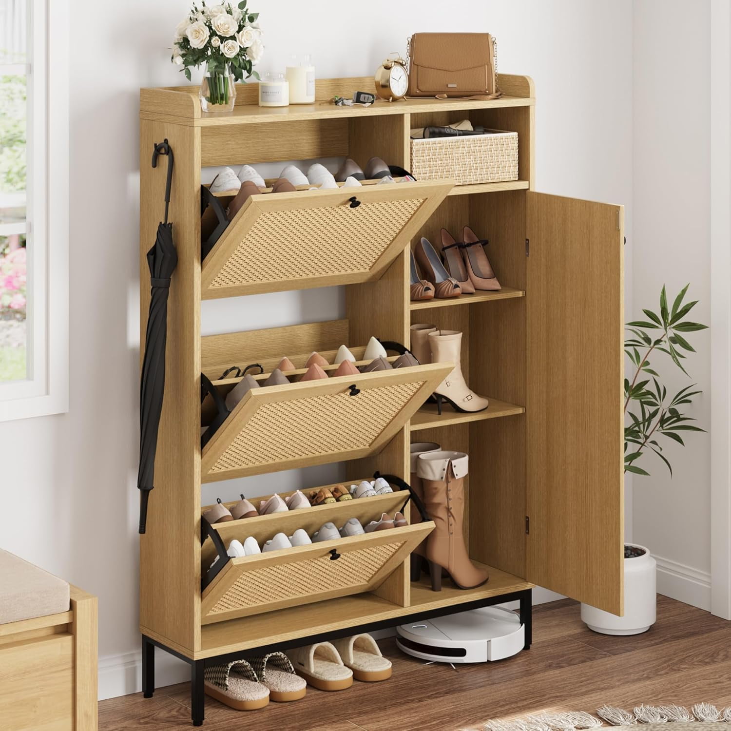 Shoe Rack Rattan Large GAOMON Rattan Shoe Cabinet for Entryway, 3 Flip Drawers Wooden Shoe ...