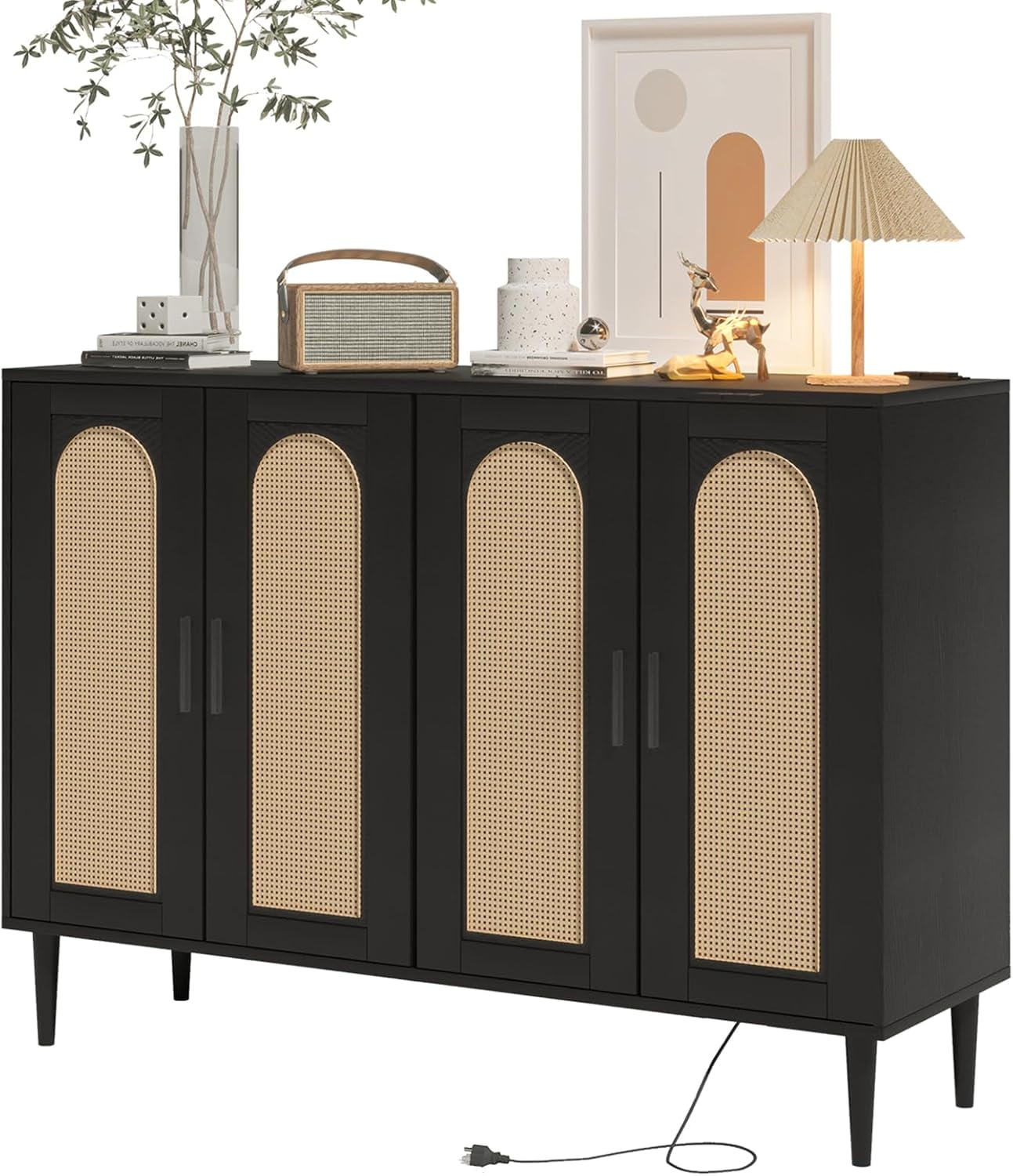 Black Rattan 4-Door Sideboard Buffet Cabinet with Power Outlet