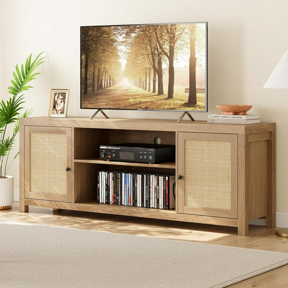 GAOMON Rattan TV Stand for 75 Inch, Boho Entertainment Center with Storage and Doors, Wood TV & Media Console Under TV Cabinet Furniture for Living Room, Natural Wood (66 Inch)