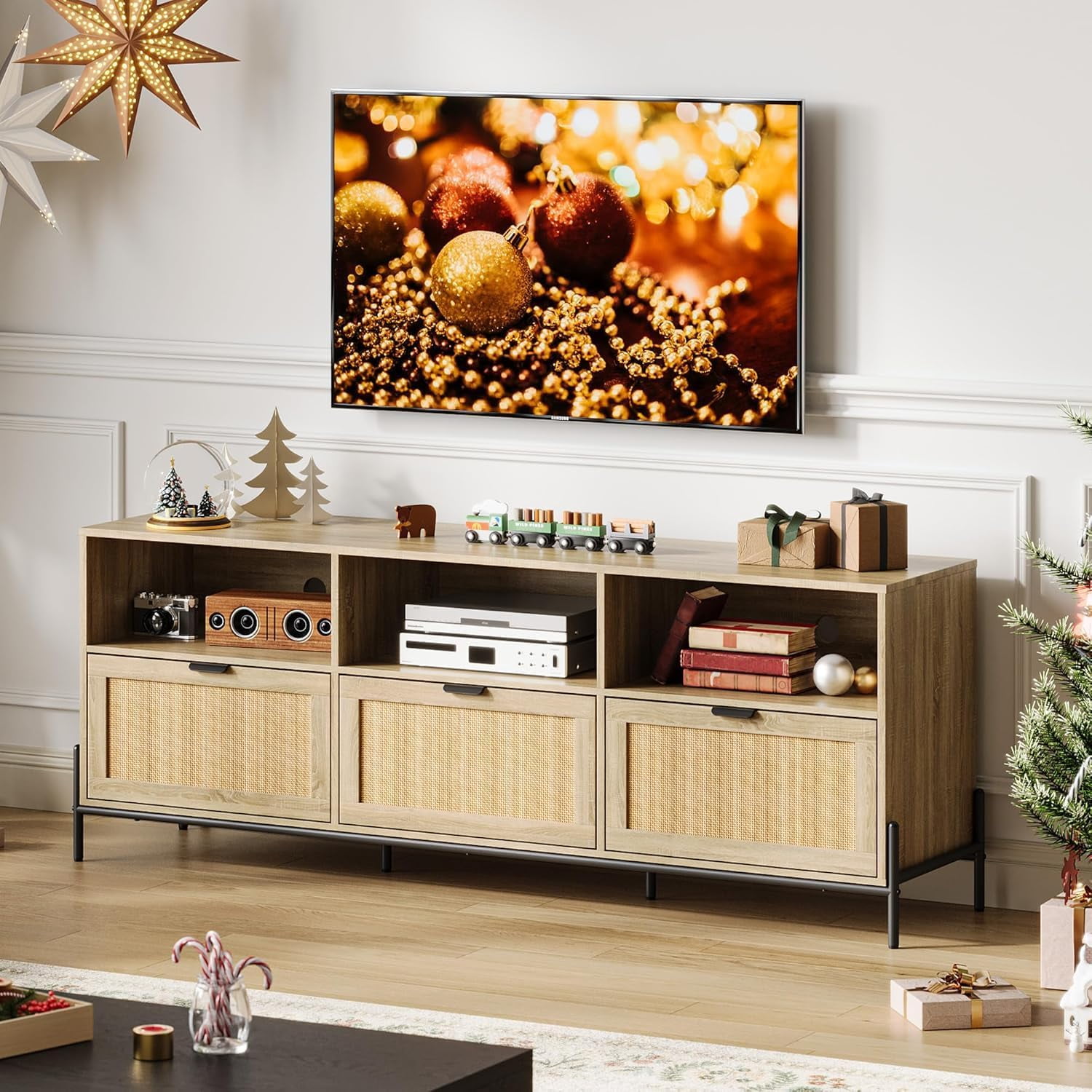 GAOMON Rattan TV Stand for 75 Inch TV, Media Entertainment Center with ...