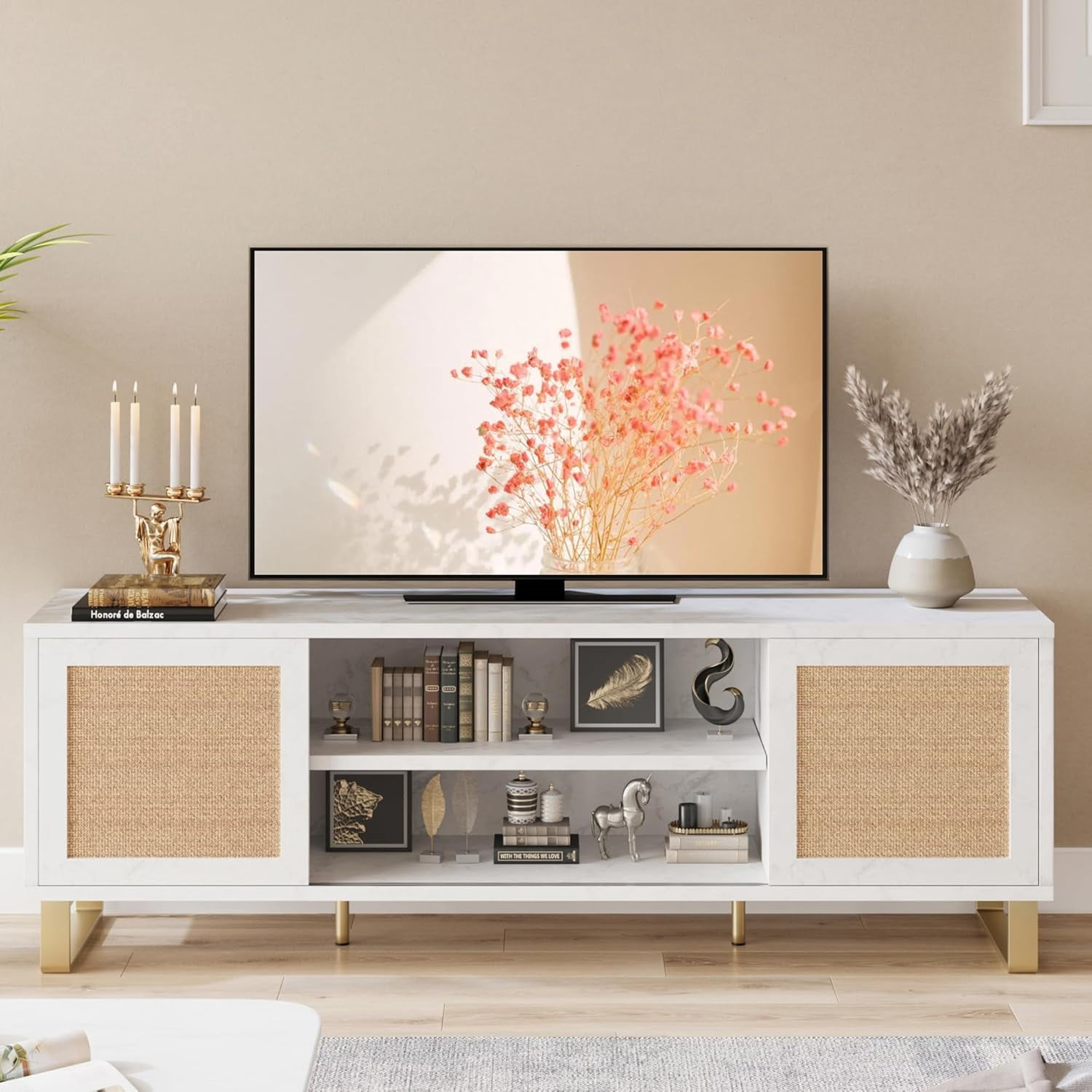 GAOMON Modern Rattan TV Stand For 65 Inch TVs - White & Gold Entertainment Center With Marble Top & Storage