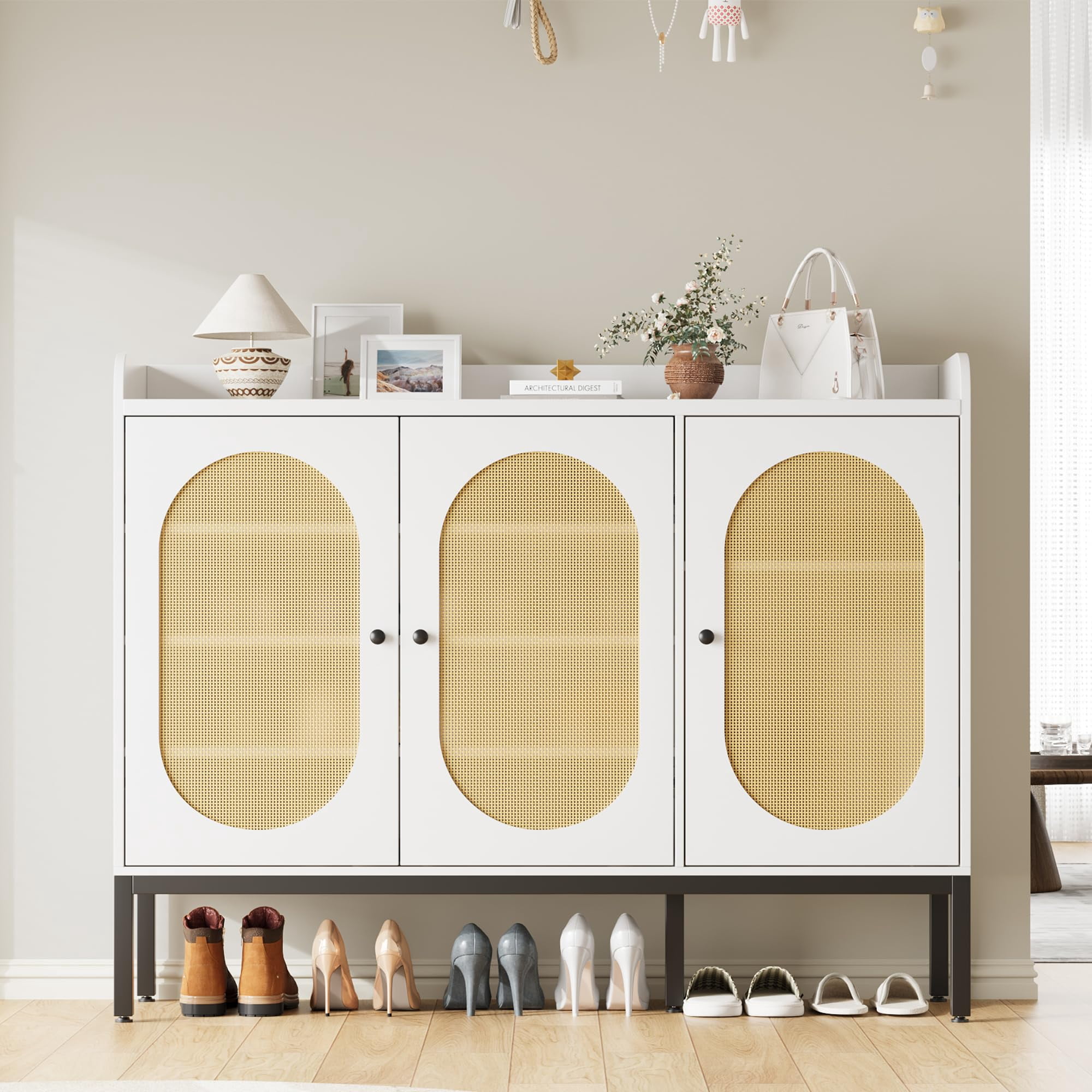 Rattan Storage Cabinet With 3 Doors & Adjustable Shelves - Shoe Rack, Entryway Organizer, TV Stand