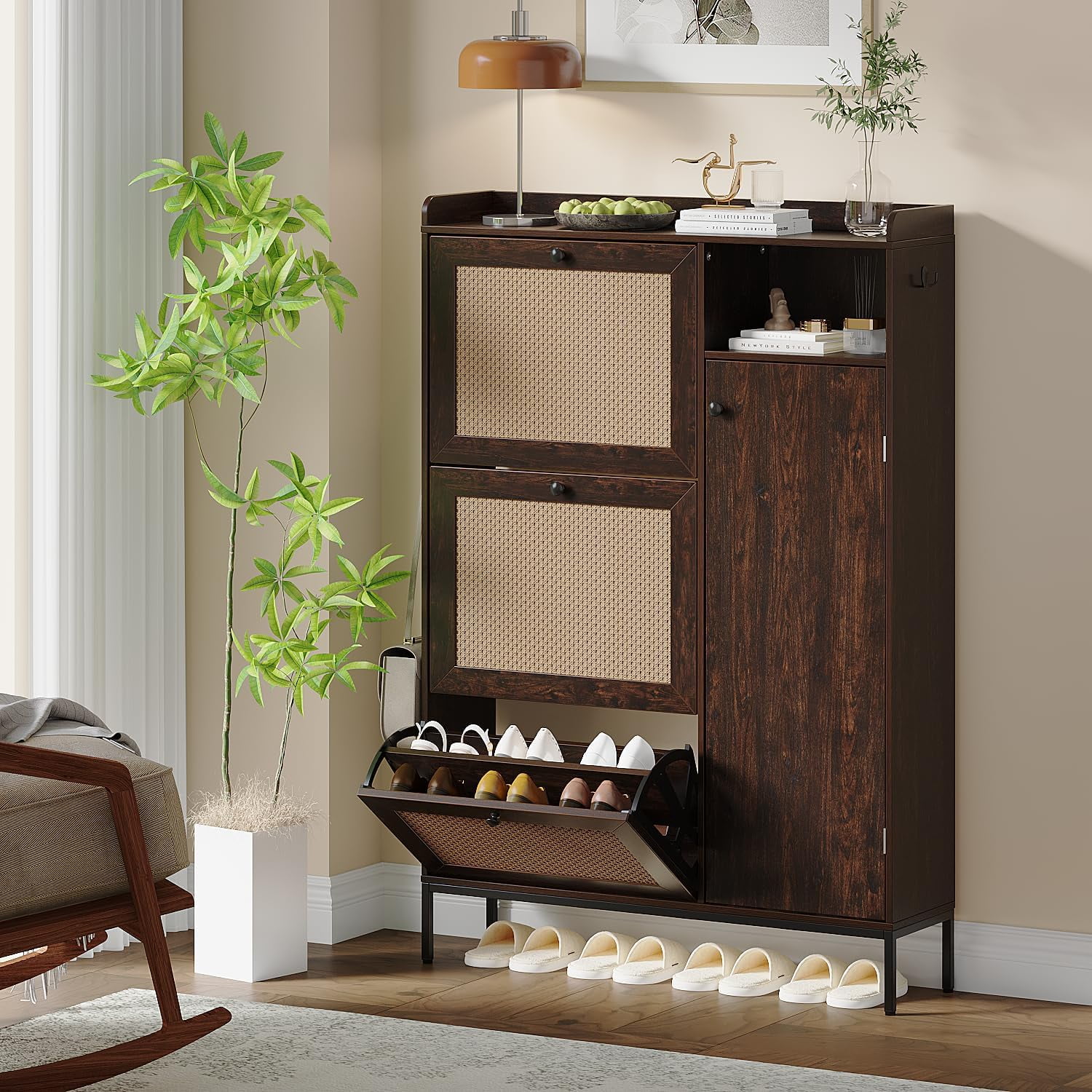 GAOMON Shoe Cabinet,Rattan Freestanding Shoe Rack With 3-Drawer, Shoe Rack With Top Storage Platform, Adjustable Feet, Modern Entryway Narrow Shoe Organizer for Entryway, Hallway,Dark Cherry