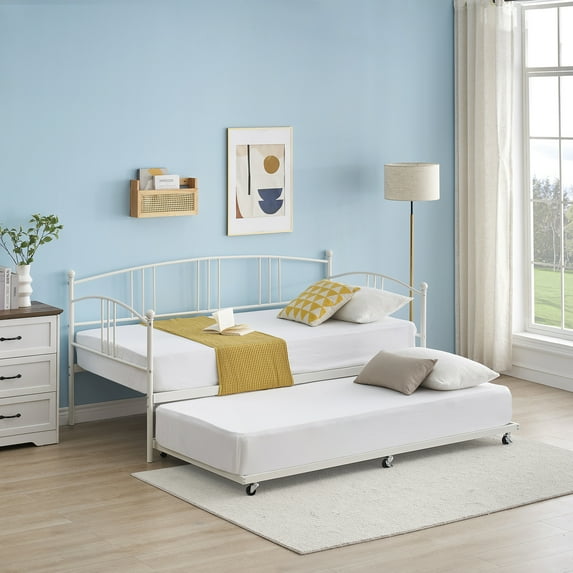 GAOMON Twin Metal Daybed with Trundle - Space-Saving Bed Frame with Pullout Trundle and Casters (White)