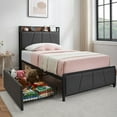 thumbnail image 1 of GAOMON Twin Size Bed Frame with 2 Storage Drawers and Charging Station, Rustic Linen Upholstered Platform Bedframe with Storage Headboard, No Box Spring Needed, Easy Assembly, Noise Free, Grey, 1 of 7
