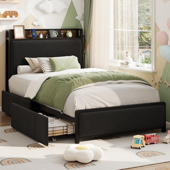 GAOMON Twin Size Bed Frame with Storage Drawers & Charging Station - Rustic Velvet Upholstered Platform Bed, No Box Spring Needed, Black