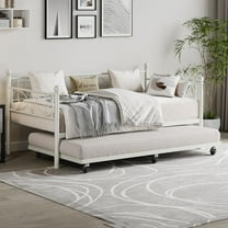 GAOMON Twin Size Metal Daybed Frame with Trundle, Elegant Floral Headboard, Heavy-Duty Steel Slats, and Lockable Casters – Space-Saving Sofa Bed for Living Room & Guest Room, White