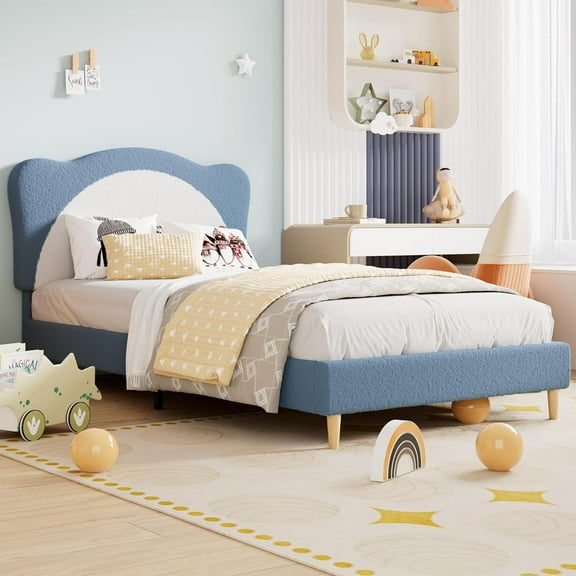 GAOMON Twin Size Princess Bed Frame - Adjustable Scallop Headboard, Velvet Upholstered, No Box Spring Needed, Blue + White