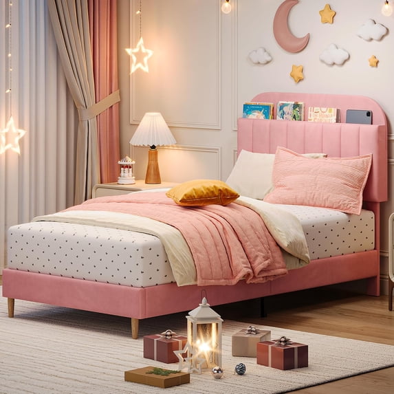 GAOMON Twin XL Size Bed Frame with Bookcase Headboard, Velvet Upholstered Platform Bed Frame, Wooden Slat Support Mattress Foundation, Easy Assembly, Noise Free, No Box Spring Needed,Pink