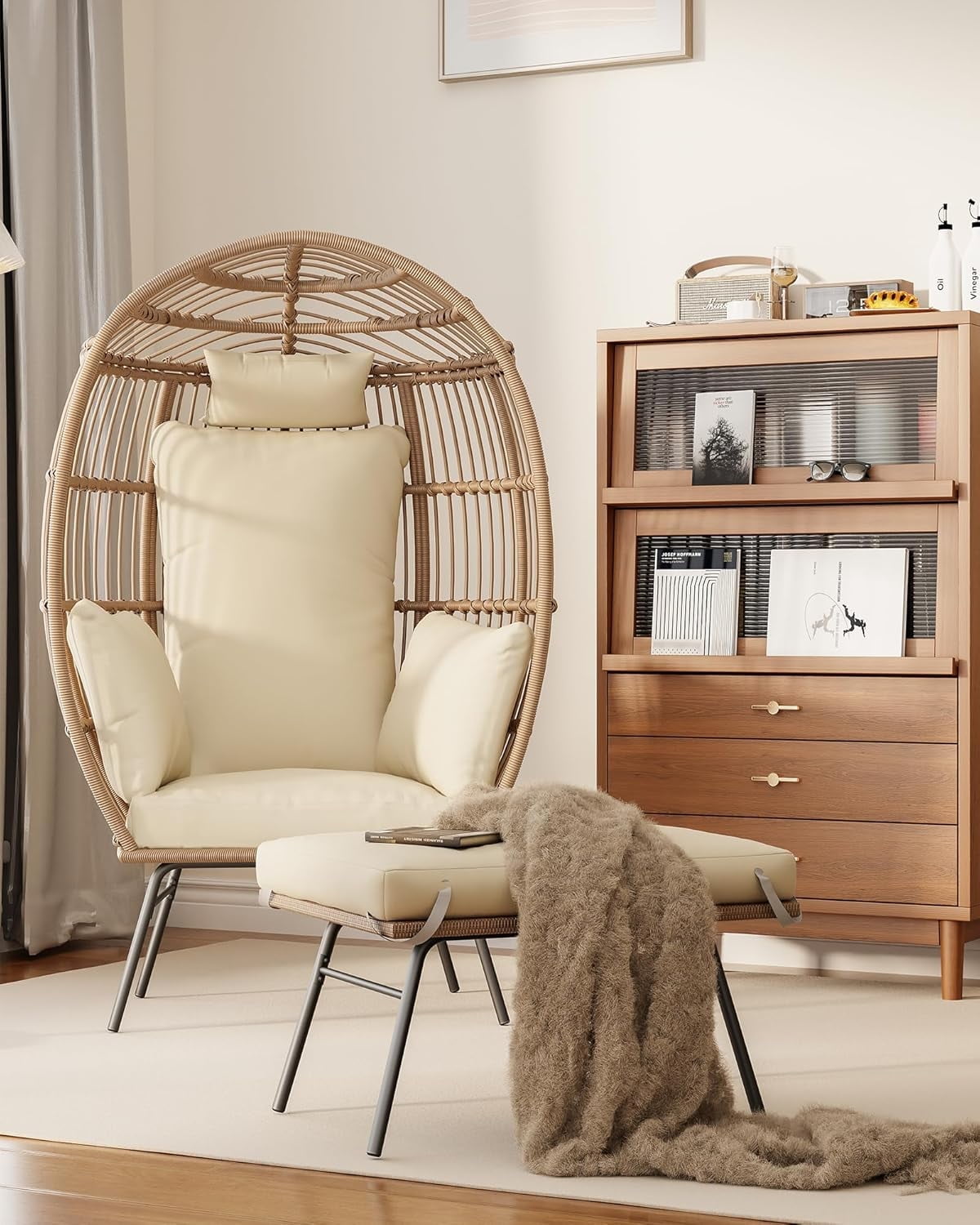 NICESOUL Indoor/Outdoor Rattan Egg Chair with Ottoman, Boho