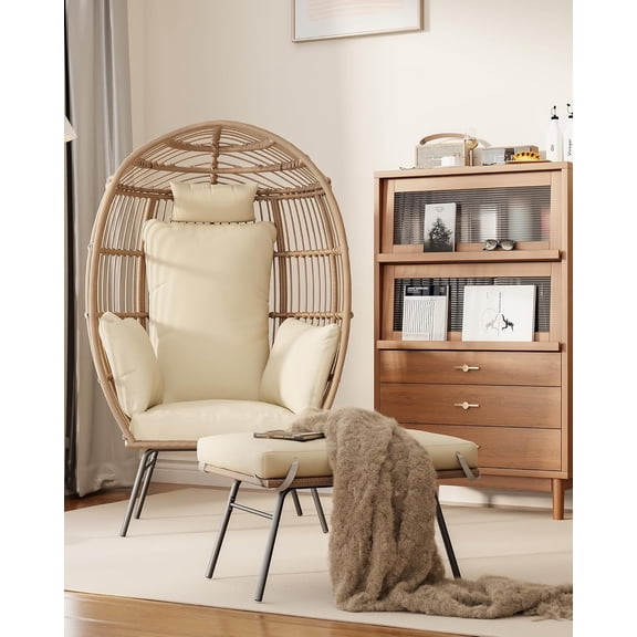 GAOMON Two Person Egg Chair with Ottomans Outdoor Wicker Patio Egg Chairs with Footrests for Indoor Bedroom Outside Porch Deck Backyard Garden (Beige,Oversized,Double)