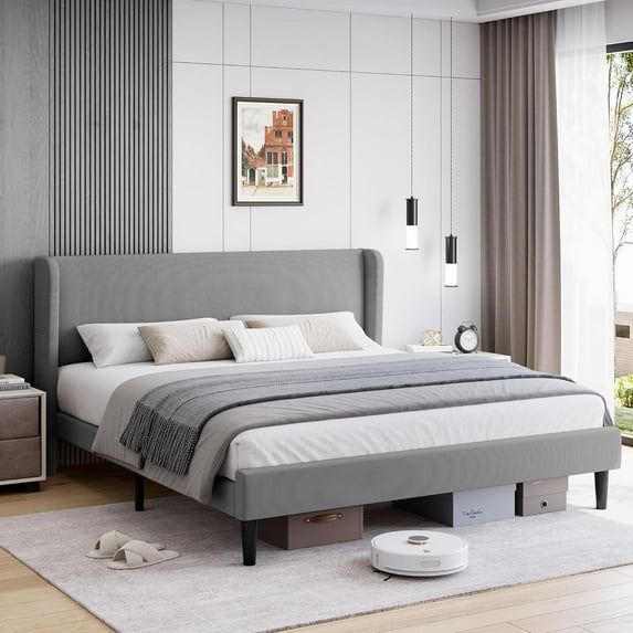 GAOMON Upholstered Full Bed Frame with Wingback Headboard, Velvet Upholstery Platform Bed, No Box Spring Needed, Wood Slats Support, Easy Assembly,Light Gray