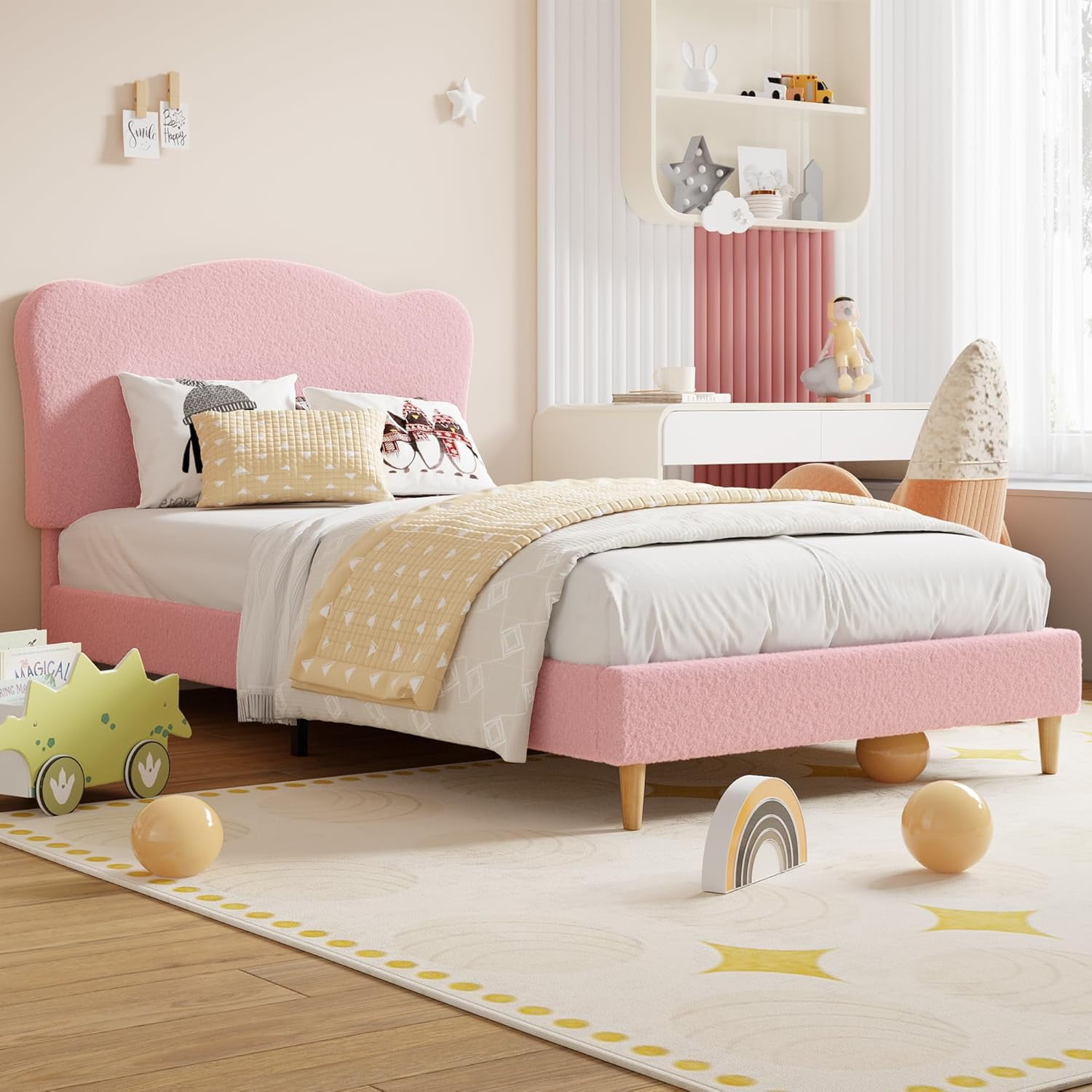 GAOMON Upholstered Full Size Bed Frame for Kids with Scallop Headboard ...