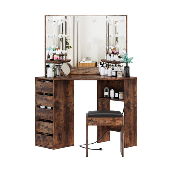 GAOMON Vanity Desk & Power Outl, Makeup Vanity with Mirror and 12 LED Lights, Makeup Table with 6 Drawers, Vanity Table with Chair, Vanity Set 3 Lighting Modes Brightness Adjustable