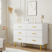 GAOMON White Dresser for Bedroom, 6 Drawer Wood Double Dresser with Gold Handles, Modern Chest of Organizer Storage Drawers for Living Room, Hallway, Entryway
