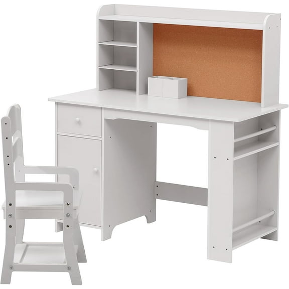 GAOMON White Kids Study Desk and Chair Set, Wooden Writing Table with Bookshelf, Drawer, Bulletin Board, Adjustable Chair, Storage Cabinet for Girls and Boys Ages 3-8