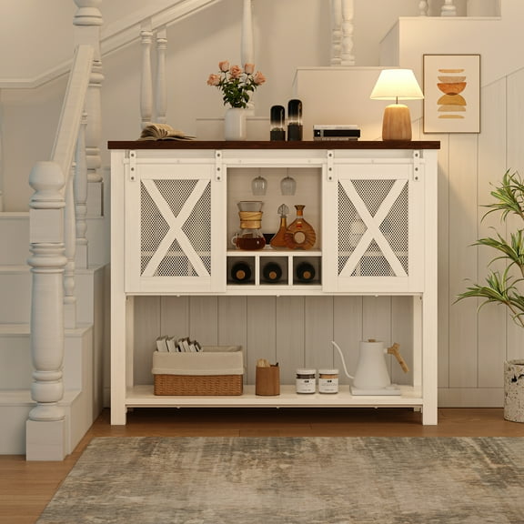 GAOMON Wine Bar Cabinet with Sliding Barn Door, Coffee Cabinet with Wine Rack and Glass Holder, Kitchen Buffet Sideboard with Storage, Liquor Bar for Living Room, Dining Room,White