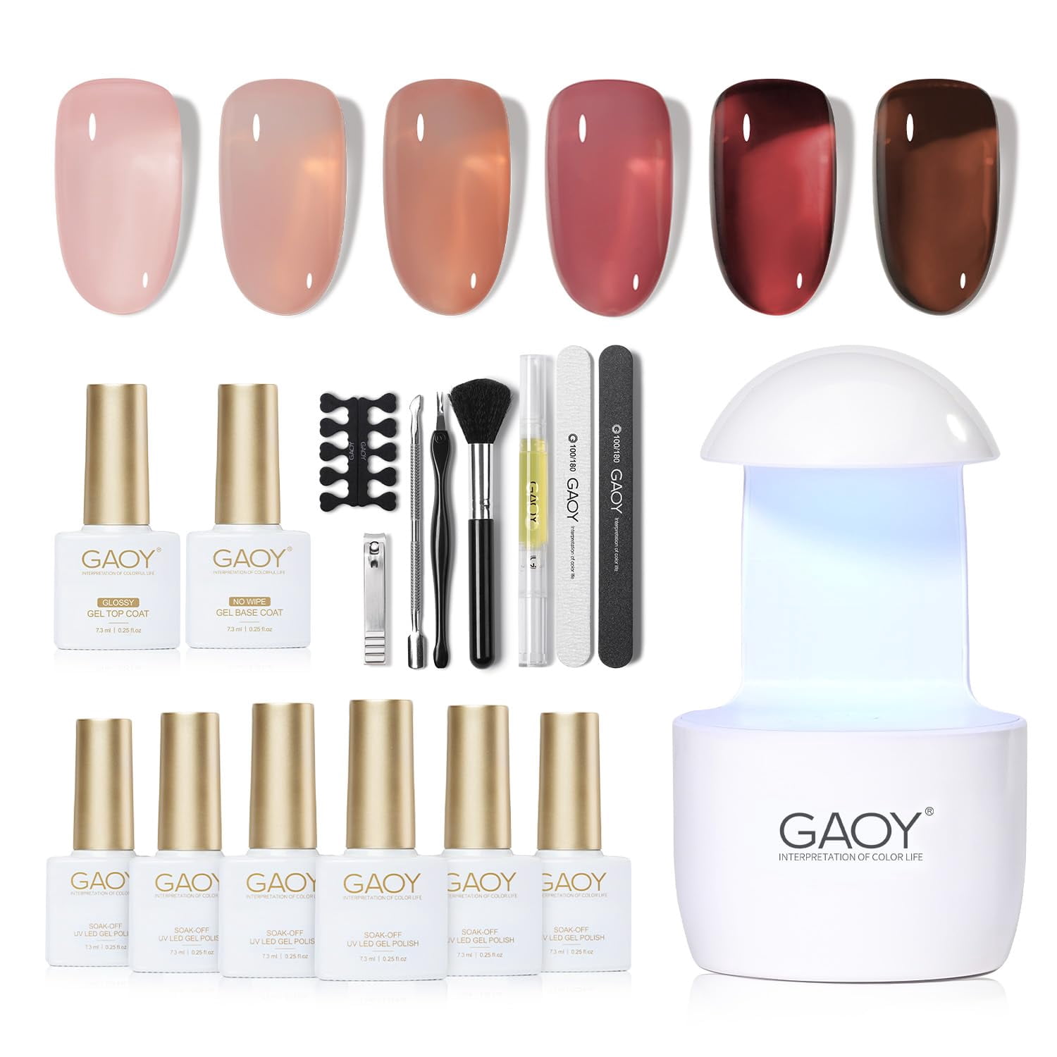 GAOY Gel Nail Polish Kit with UV Light for Beginners, 6 Colors Nude Red Pink Brown Sheer Gel Polish, Gel Nail Kit with Top Coat and Base Coat for DIY gel manicure at Home, Rose Garden E22