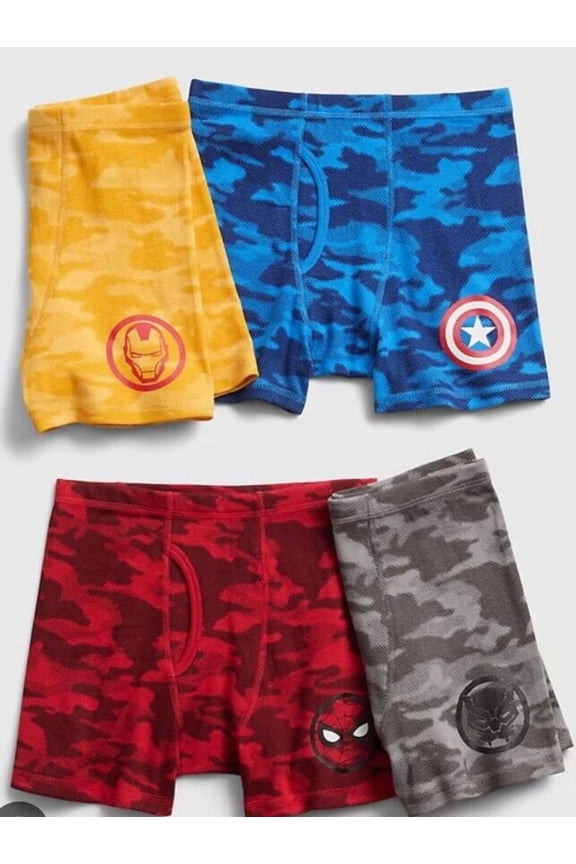 4 Pairs  Cotton Marvel Logo Camo Design Kids Size 8 Boxer Briefs