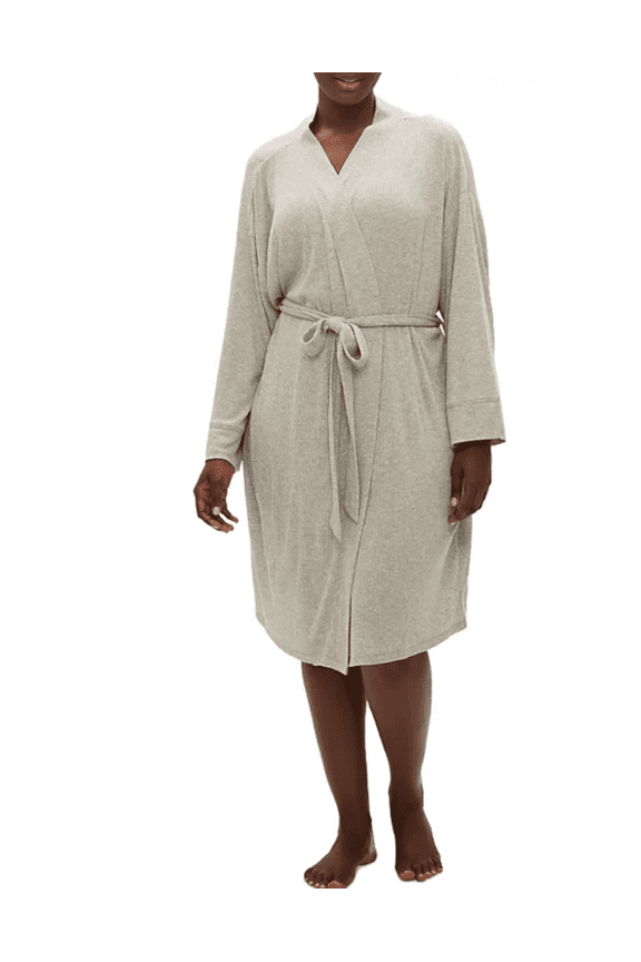 Body Women's Long-Sleeve Ribbed Belted Robe, Grey, Large