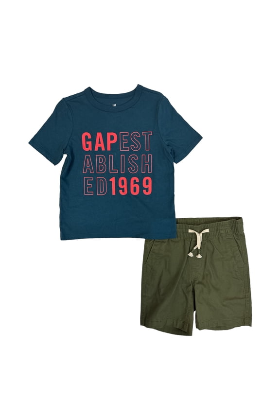 Boy's 2-Piece Short Sleeve T-Shirt & Shorts Outfit Set (Blue/Olive, 10/12)