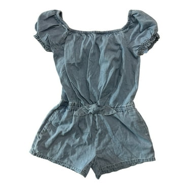 GAP Girl's Soft Chambray Short Puff Sleeve One Piece Romper (Light Wash, 6/7)