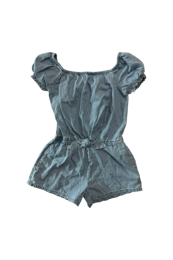 Girl's Soft Chambray Short Puff Sleeve One Piece Romper (Light Wash, 6/7)