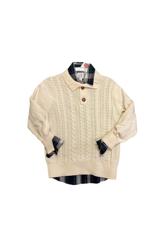 Kids Boy's Cable Knit Sweater and Woven Long Sleeve Button Up Sweater Set (Green/Navy, XS (4/5))