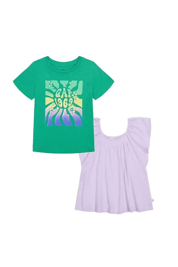 Kids Girl's 2 Pack Soft Short Sleeve Crewneck Graphic Tee (Green Orchid Bloom, S (6/6X))