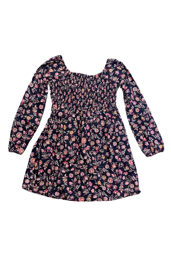 Kids Girl's Long Sleeved Square Neck Smocked Print Dress (Navy Floral, XL (14/16))
