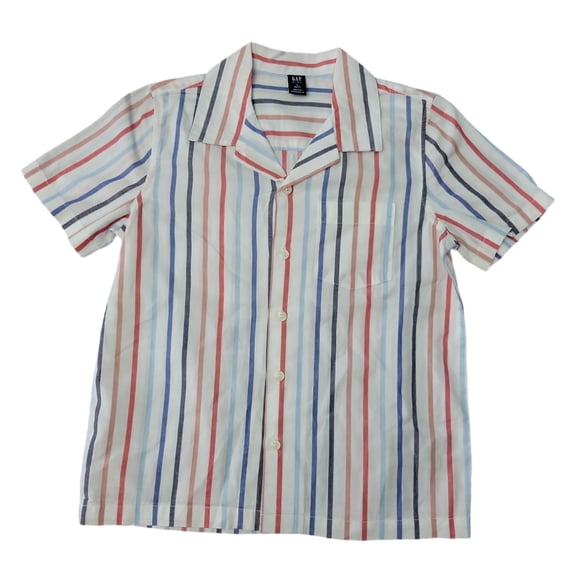 GAP Kid Infant Toddler Youth Boys Short Sleeve Button Down Collared Cabana Shirt (Multi Stripe, XL (14/16))