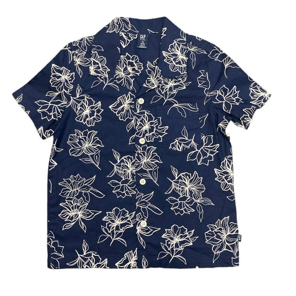 GAP Kid Infant Toddler Youth Boys Short Sleeve Button Down Collared Cabana Shirt (Navy Floral, L (10/12))
