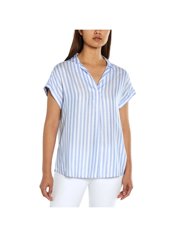 Ladies' Popover Notched Collar Tacked Cuffs Blouse, Light Blue White XL