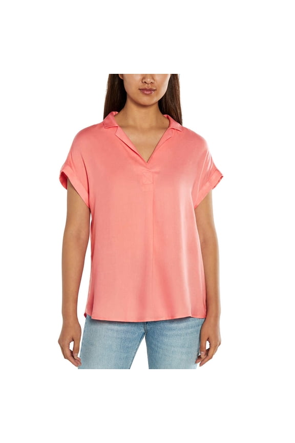 Ladies' Popover Notched Collar Tacked Cuffs Blouse, Pink Small
