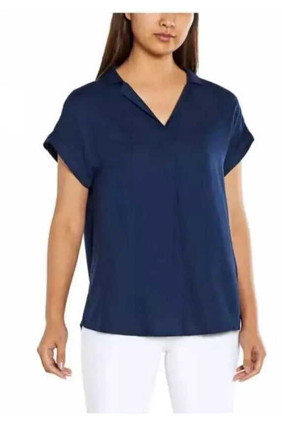 Ladies' Rolled, Tacked Cuffs Dolman short sleeves Popover Blouse | Blue, XX-Large