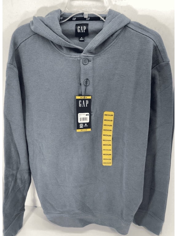 Men's Small Gray Waffle Henley Hoodie Blue Medium