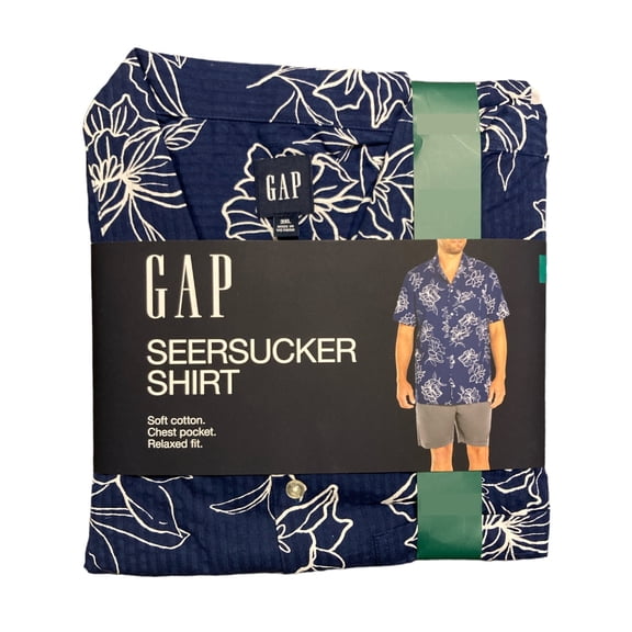GAP Men's Soft Short Sleeve Relaxed Fit Seersucker Button Up Shirt (Blue Floral Outline, L)