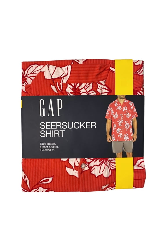 Men's Soft Short Sleeve Relaxed Fit Seersucker Button Up Shirt (Cayenne Flower Fill, L)