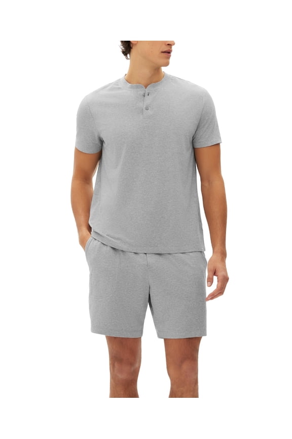 Mens 2 Pc Heathered Henley T Shirt and Shorts Pajama Set Grey XL